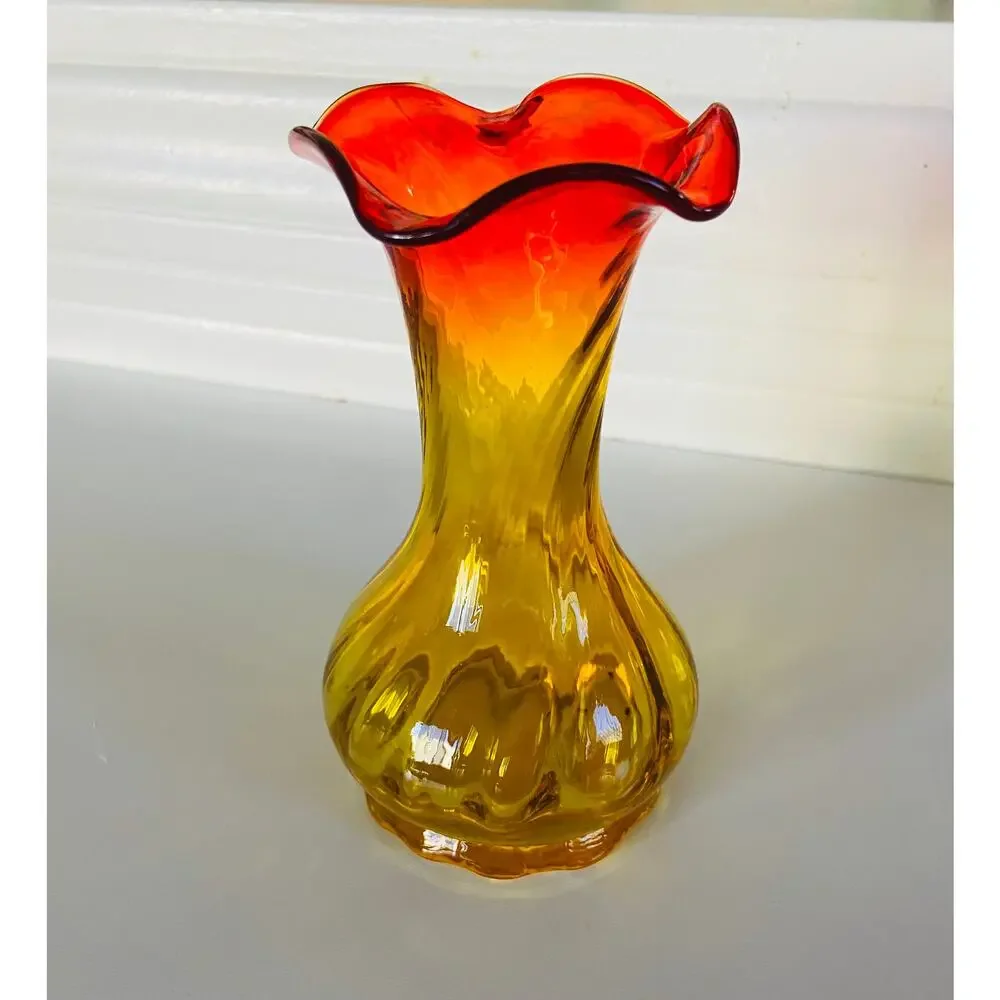 VINTAGE MCM Mid Century Amberina Yellow & Red Glass Ruffled Top Flower Bud Vase